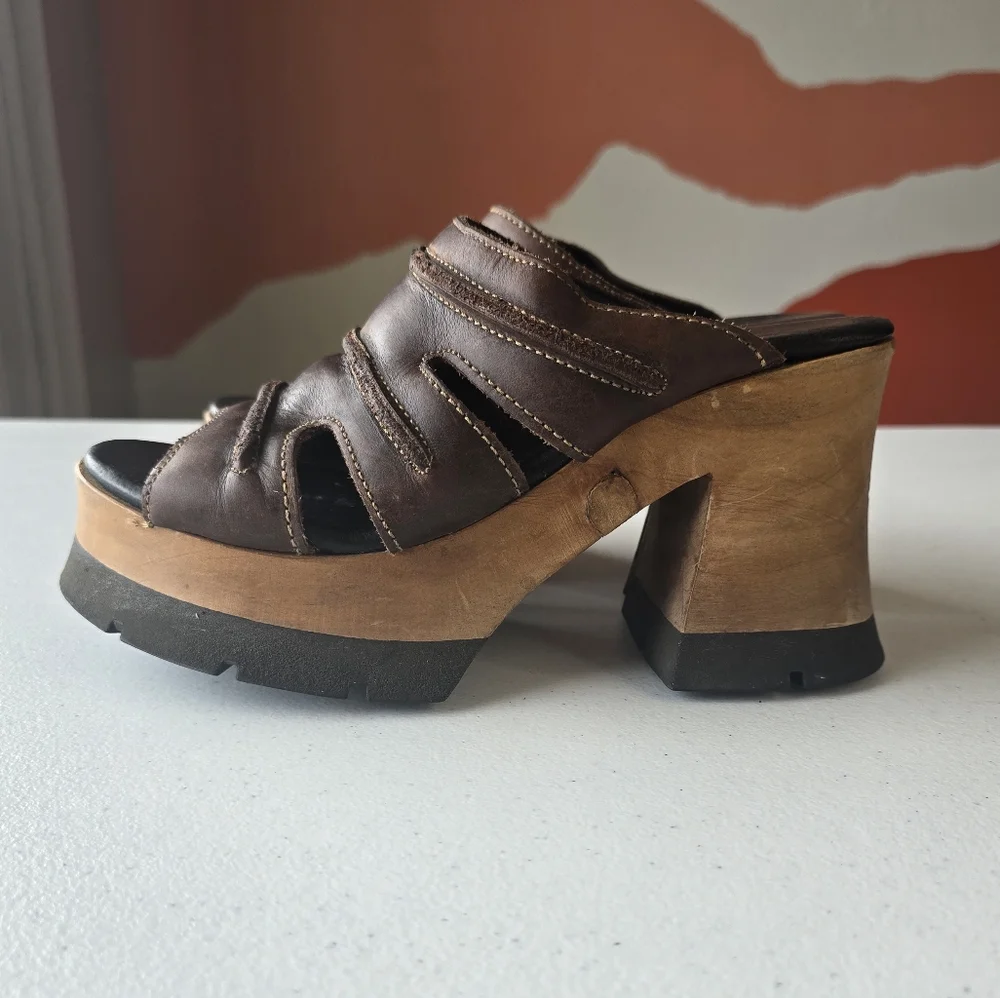 London Underground Platform Sandals‎ Wood Leather Slip On Retro Chunky 90s Bratz